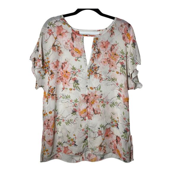 Kay Celine Floral Blouse Top Cut out Sheer Short Sleeve Medium V-Neck - Picture 2 of 4